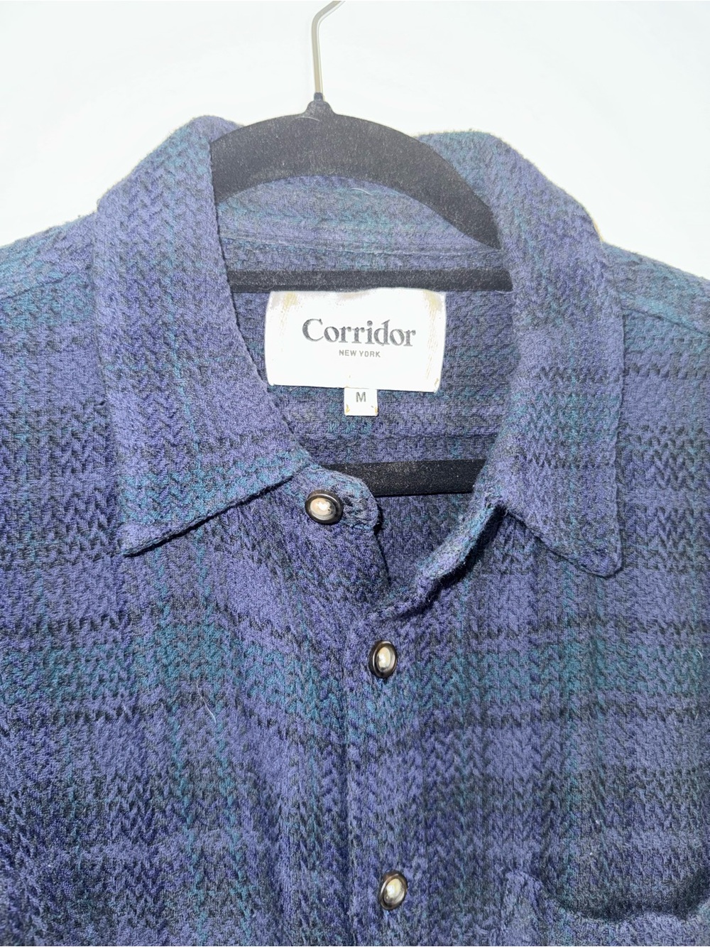 Corridor New York Men’s M Navy Teal Acid Plaid Herringbone Shirt